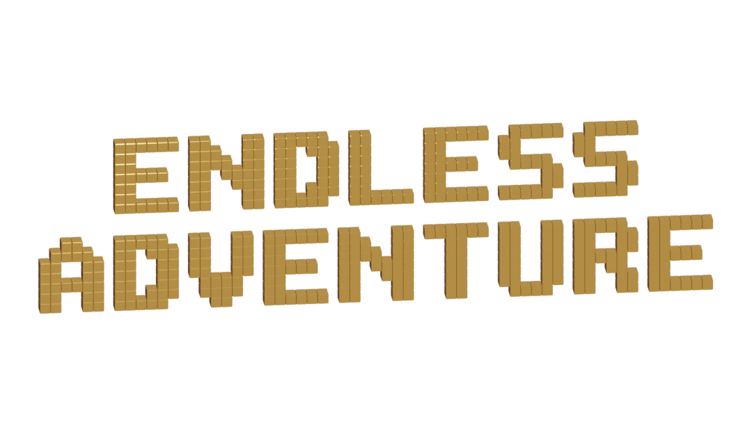 Logo Endless Adventure com letras douradas construídas em blocos