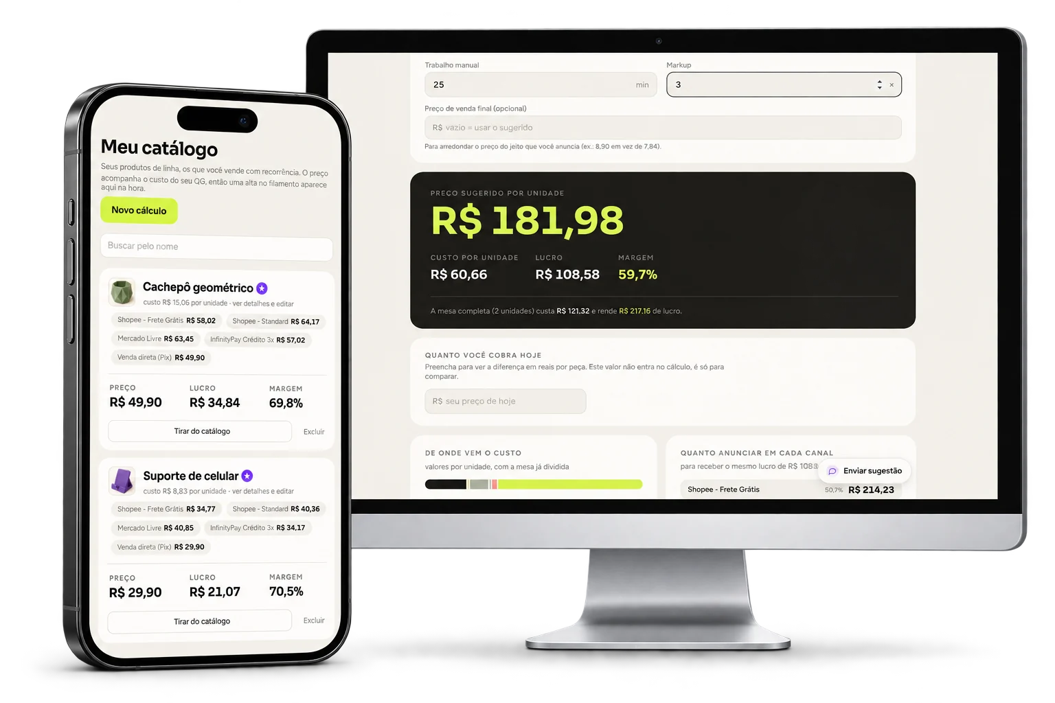 Visualização do aplicativo QG Maker em celular e monitor